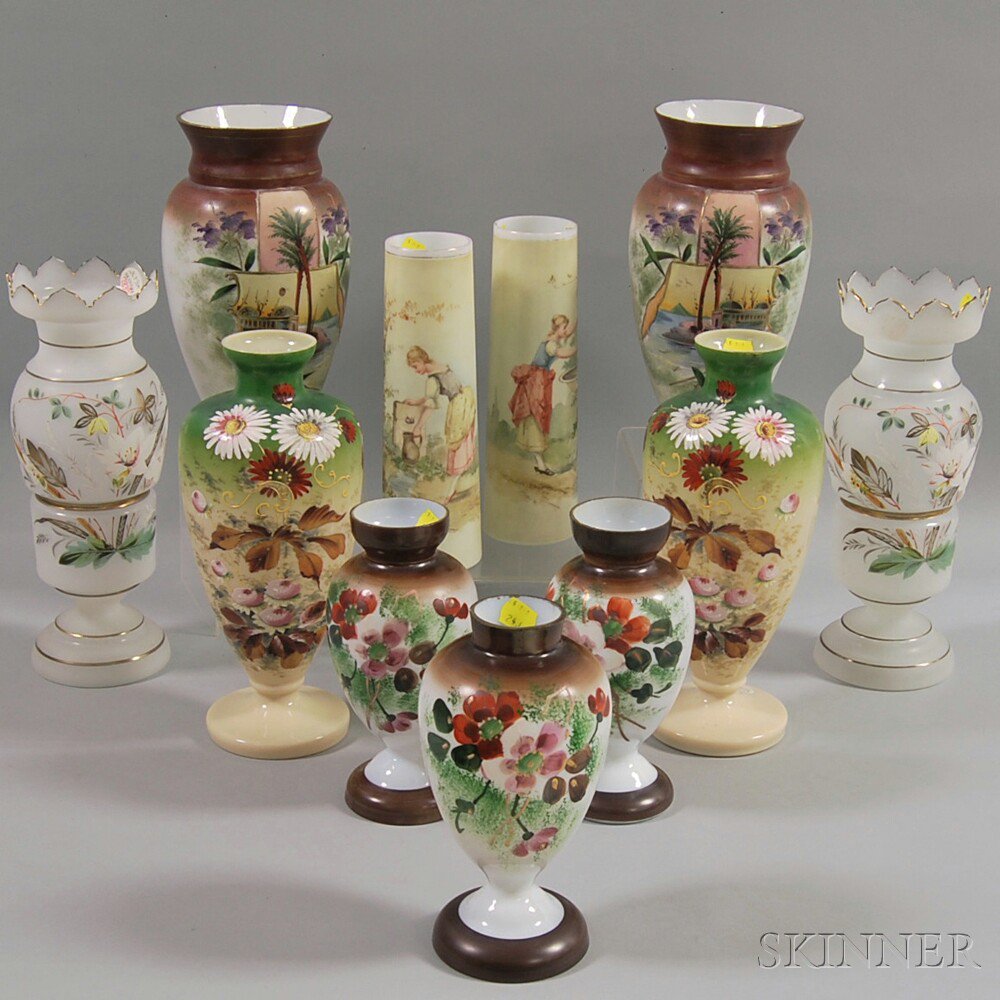 Appraisal: Eleven Hand-painted Glass Vases th century four pairs and a