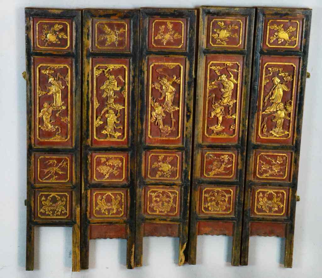 Appraisal: Chinese Carved Painted Gilt Wood PanelsThese intricatley carved wood panels