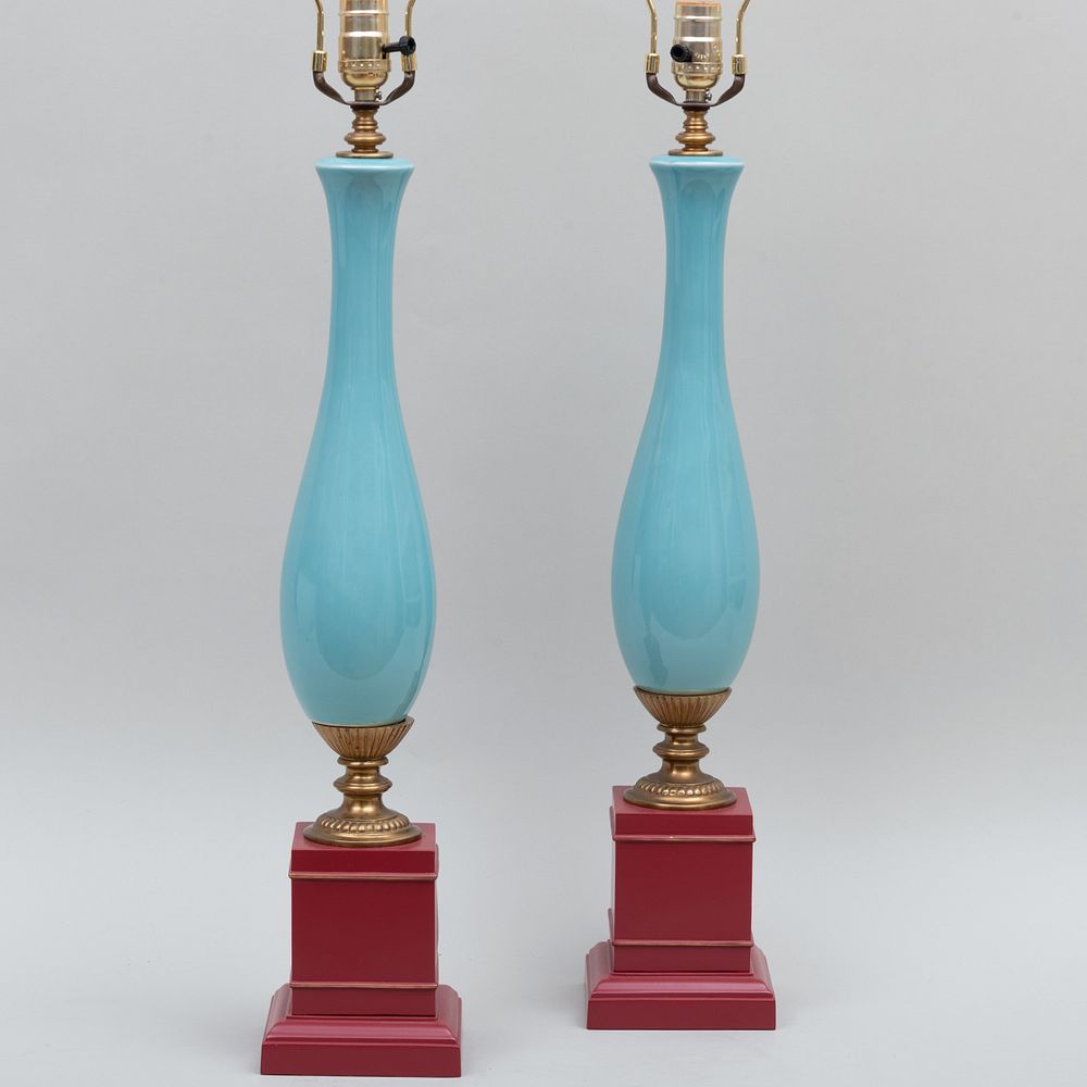 Appraisal: Pair of Modern Gilt-Metal-Mounted Porcelain Lamps Together with a pair