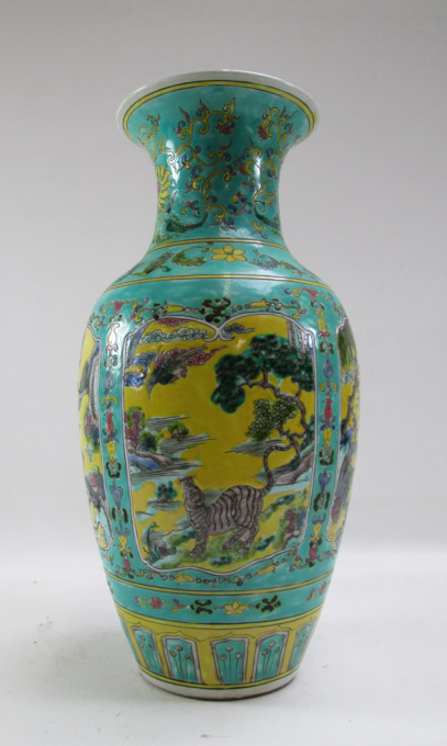 Appraisal: CHINESE REPUBLIC HAND PAINTED PORCELAIN VASE Famille Jaune having wildlife