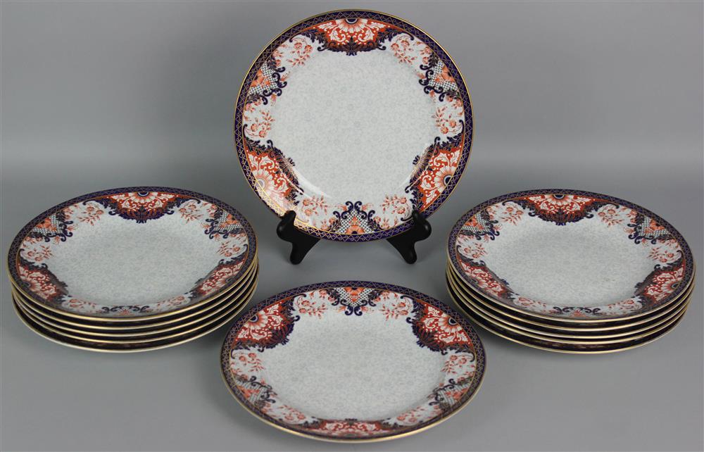 Appraisal: TWELVE ROYAL WORCESTER IMARI PATTERN PORCELAIN DINNER PLATES puce printed