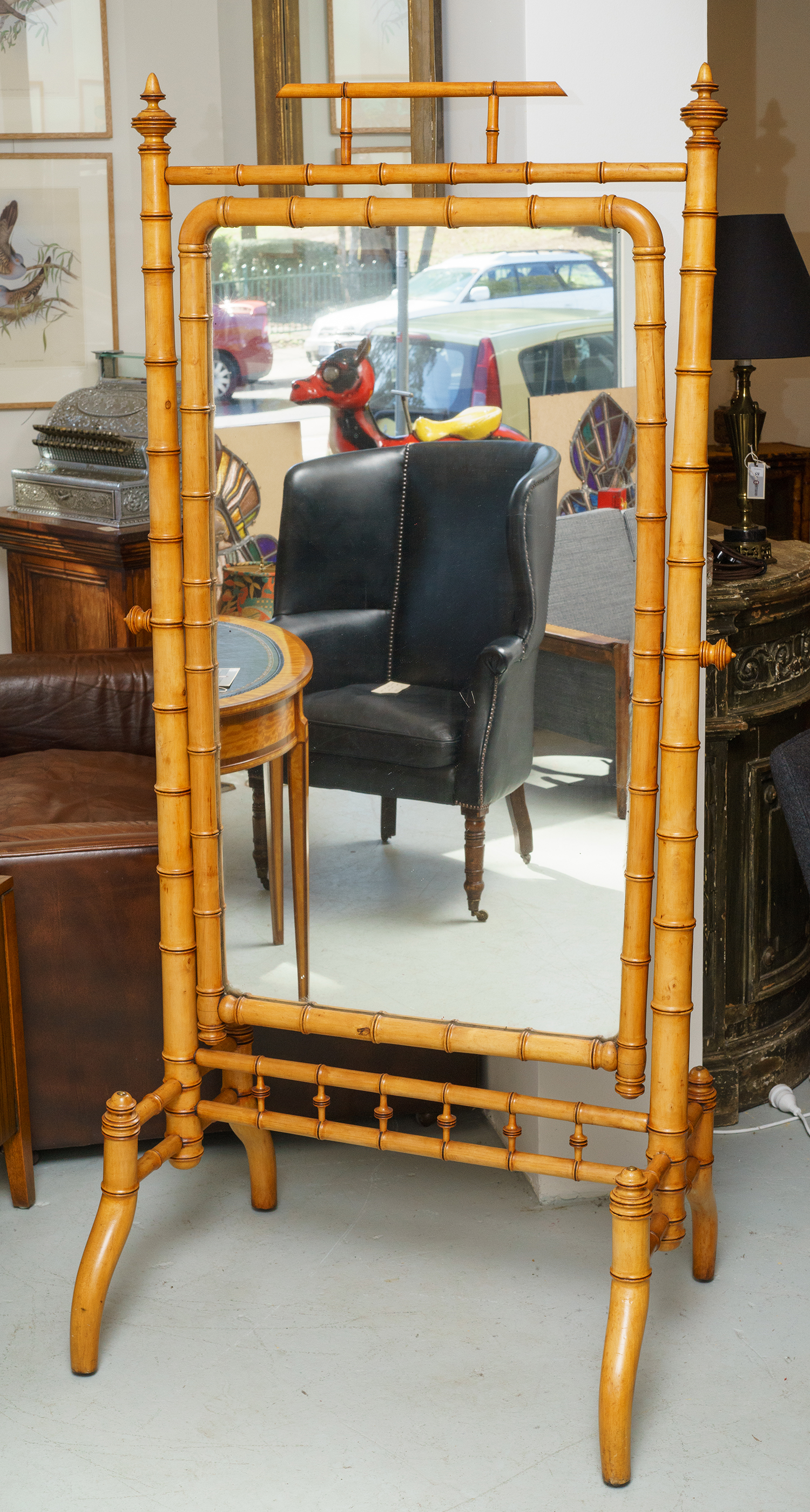 Appraisal: A th CENTURY BAMBOO INSPIRED CHEVAL MIRROR Carved timber original