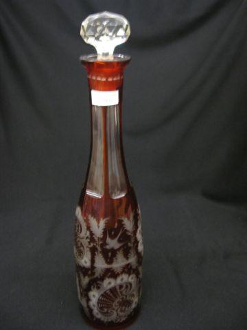 Appraisal: Bohemian Ruby Cut-to-Clear Glass Decanter castle deer design