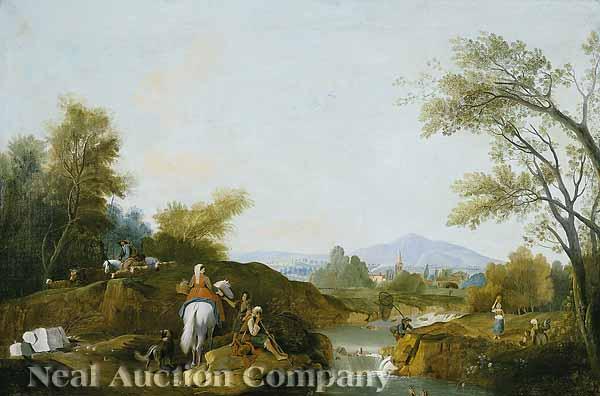 Appraisal: Follower of Francesco Zuccarelli - Arcadian Landscape with Peasants Travelers