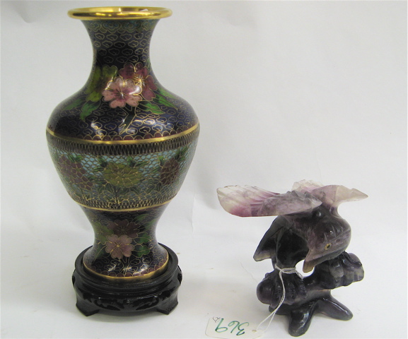 Appraisal: CHINESE VASE AND CARVED BIRD SCULPTURE The vase having plique-a-jour