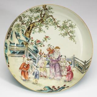 Appraisal: Chinese porcelain plate with scholar and chiildren Chinese polychrome enamel