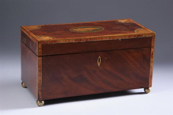 Appraisal: REGENCY MAHOGANY TEA CADDY early th century Rectangular cover with