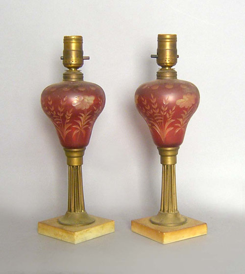 Appraisal: Pair of ruby cut to clear table lamps th c