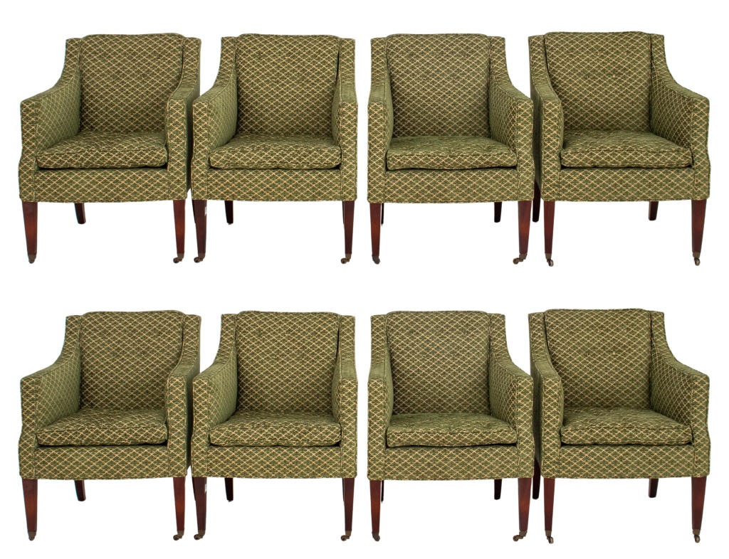 Appraisal: GEORGE III REGENCY STYLE UPHOLSTERED ARM CHAIRS Late Regency style