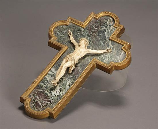 Appraisal: French Ivory Bronze and Marble Crucifix Circa The carved figure