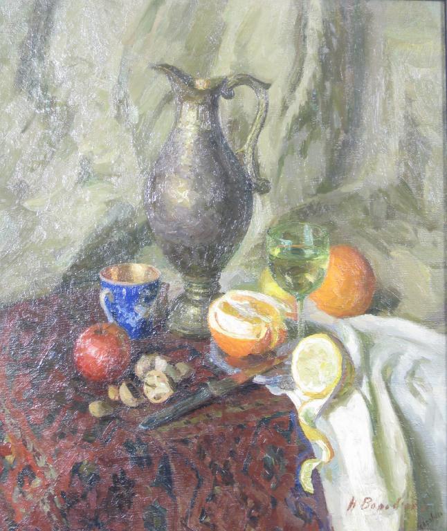 Appraisal: HELENA VOROBEVA Pewter Jug and Fruit signed and dated oil