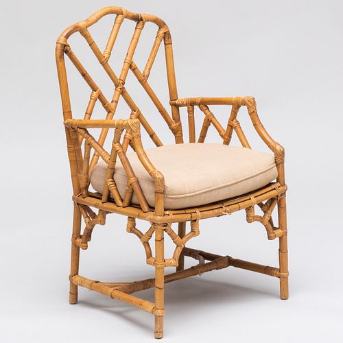 Appraisal: RATTAN WRAPPED BAMBOO ARMCHAIR WITH LINEN UPHOLSTERED SEAT x x