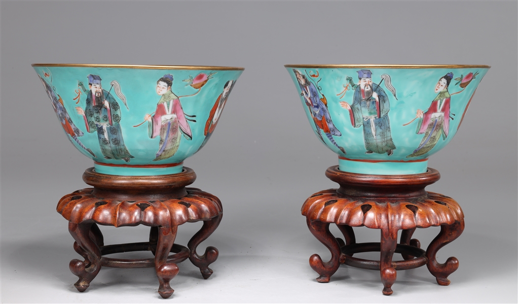 Appraisal: Pair of Chinese porcelain Ba Xian turquoise bowls famille rose