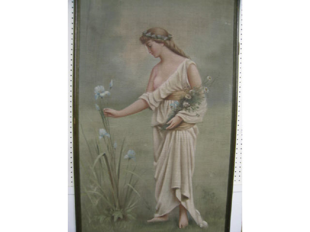 Appraisal: J F Douthill Maiden with Flowers Victorian painting on tapestry