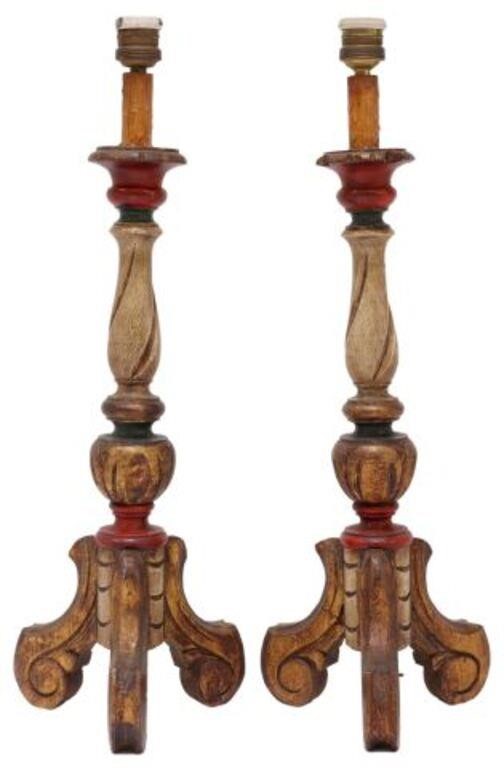 Appraisal: pair Spanish painted wood table lamps th c single light