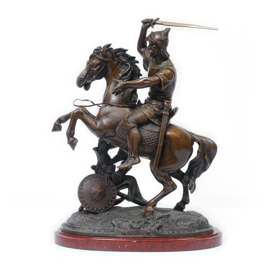 Appraisal: PATINATED METAL SCULPTURE ''DANOIS'' ARMORED WARRIOR ON HORSEBACK Wielding a