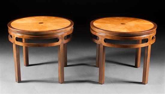 Appraisal: Pair of Baker Oriental style maple round side tables blond