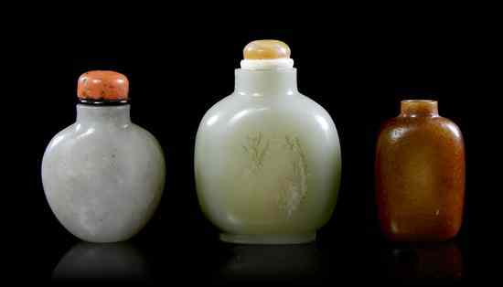 Appraisal: A Group of Three Jade and Hardstone Snuff Bottles one