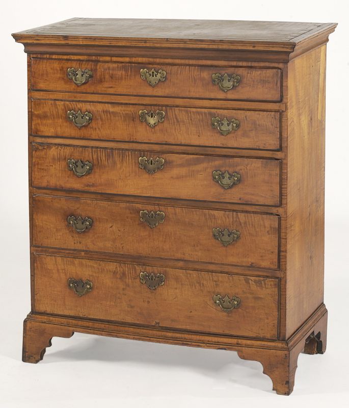 Appraisal: ANTIQUE AMERICAN CHIPPENDALE FIVE-DRAWER CHEST Circa In tiger maple with