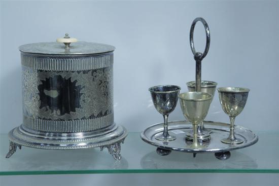 Appraisal: TWO PIECES A SILVER PLATED BISCUIT BARREL AND AN EGG