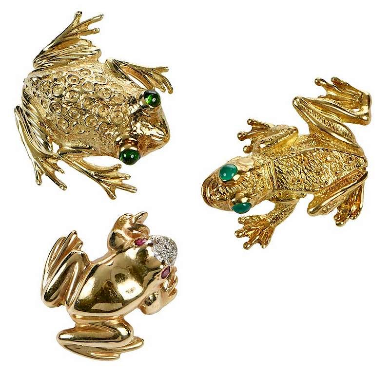 Appraisal: Three Gold Brooches One Tiffany Co frog designs brooch textured