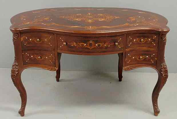 Appraisal: English Edwardian mother-of-pearl inlaid mahogany and marquetry kneehole desk c