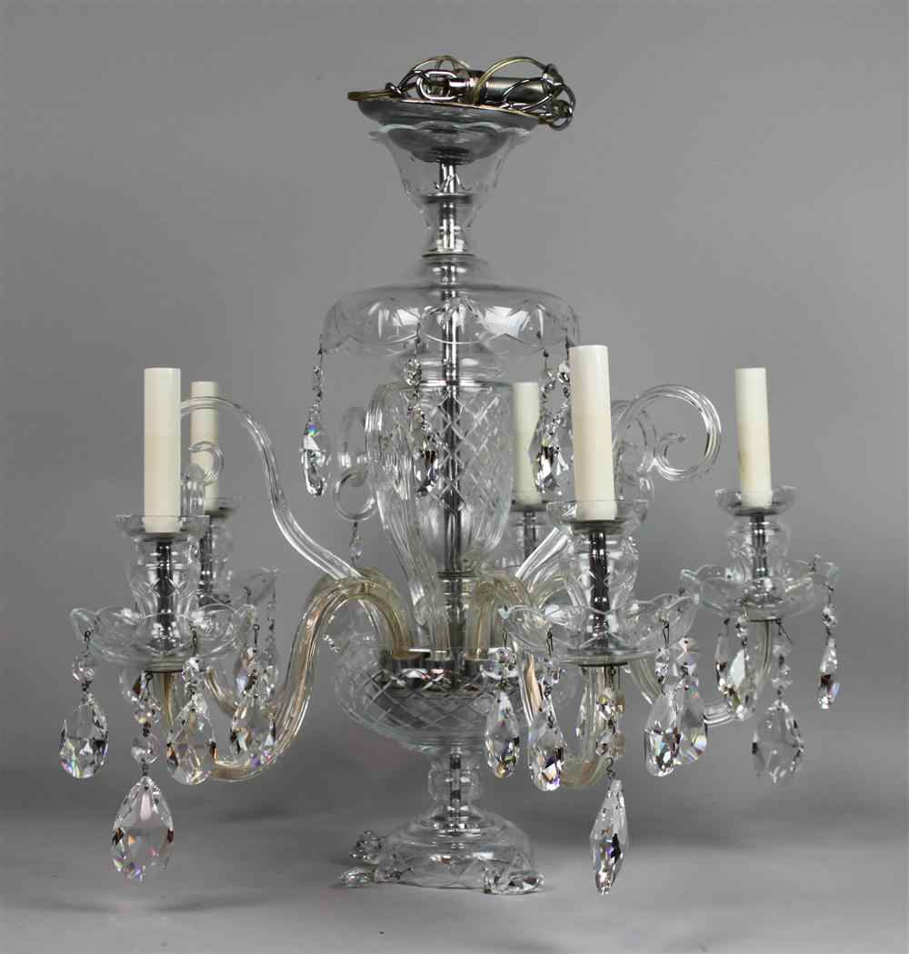 Appraisal: CZECHOSLOVAKIAN GLASS FIVE-LIGHT CHANDELIER with vasiform candleholders above scalloped drip