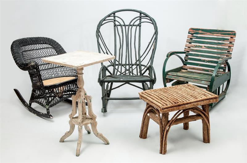 Appraisal: Five Pieces of Porch Furniture Comprising a slat-back armchair twig