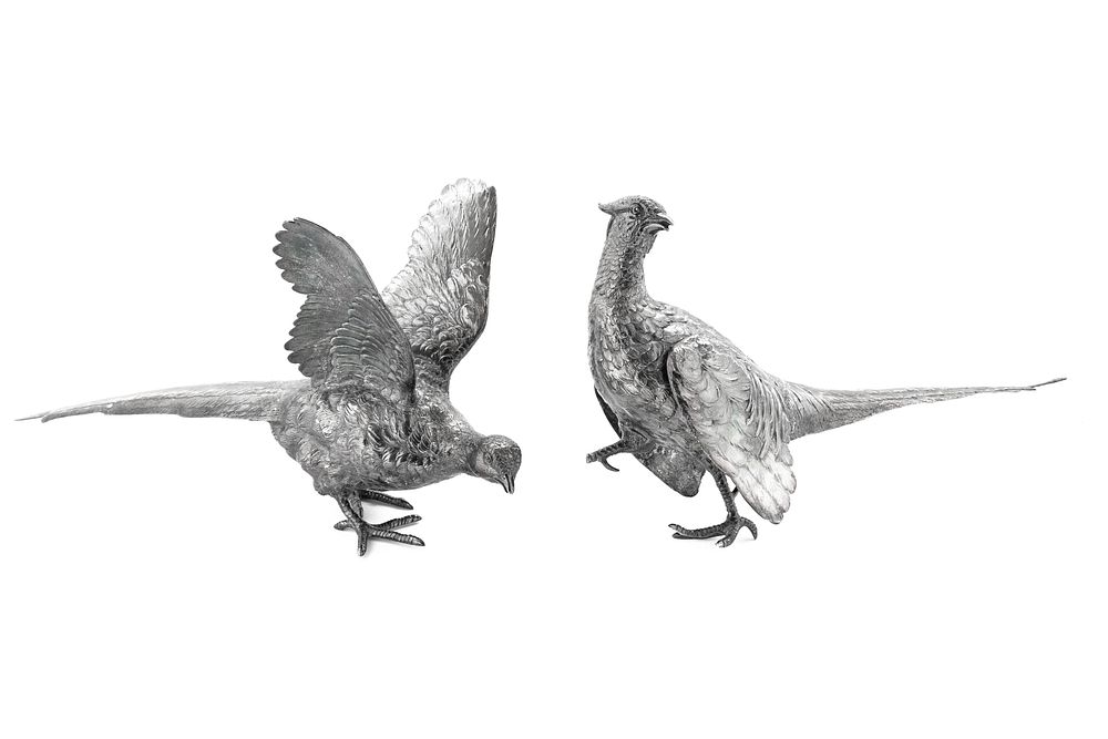 Appraisal: Two English Silver Pheasants Two English Silver Pheasants London -