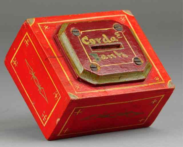 Appraisal: EARLY WOOD STILL BANK BOX Hand painted in red overall