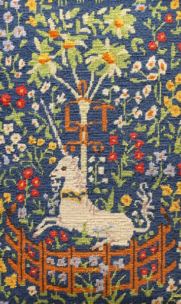 Appraisal: Vintage gilt frame needlepoint depicting La Dame la licorne The