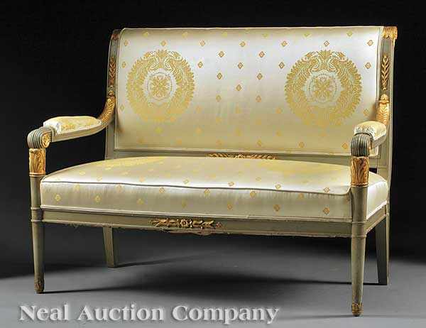 Appraisal: A Directoire-Style Gris Peinte and Parcel Gilt Settee scrolled back