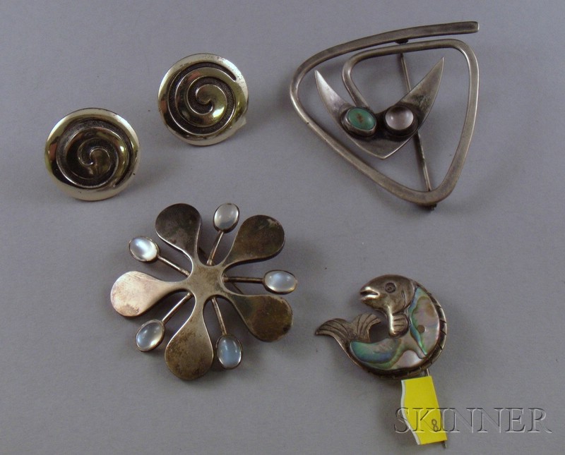 Appraisal: Four Pieces of Modernist Sterling Silver Jewelry Mexico Denmark America