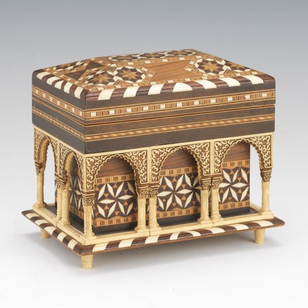 Appraisal: Arabesque Jewelry Casket x x Carved with wood and bone