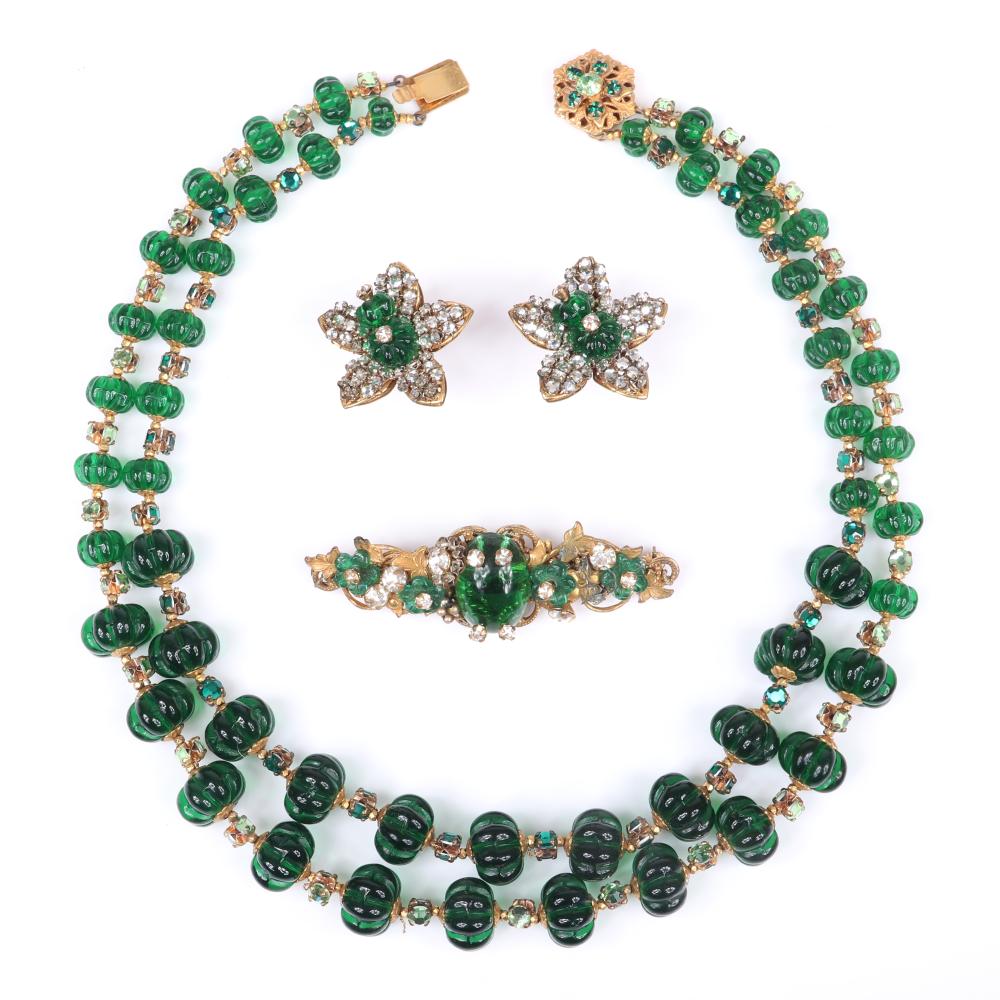 Appraisal: MIRIAM HASKELL PC DOUBLE STRAND NECKLACE WITH GREEN GLASS MELON