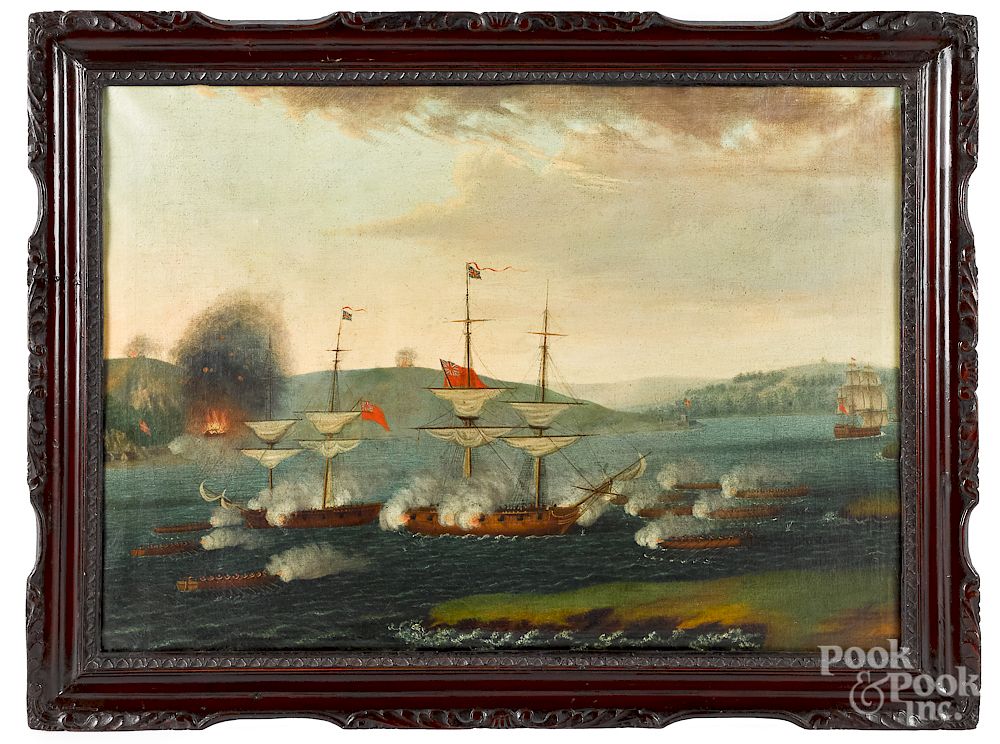 Appraisal: China Trade oil on canvas naval engagement China Trade oil