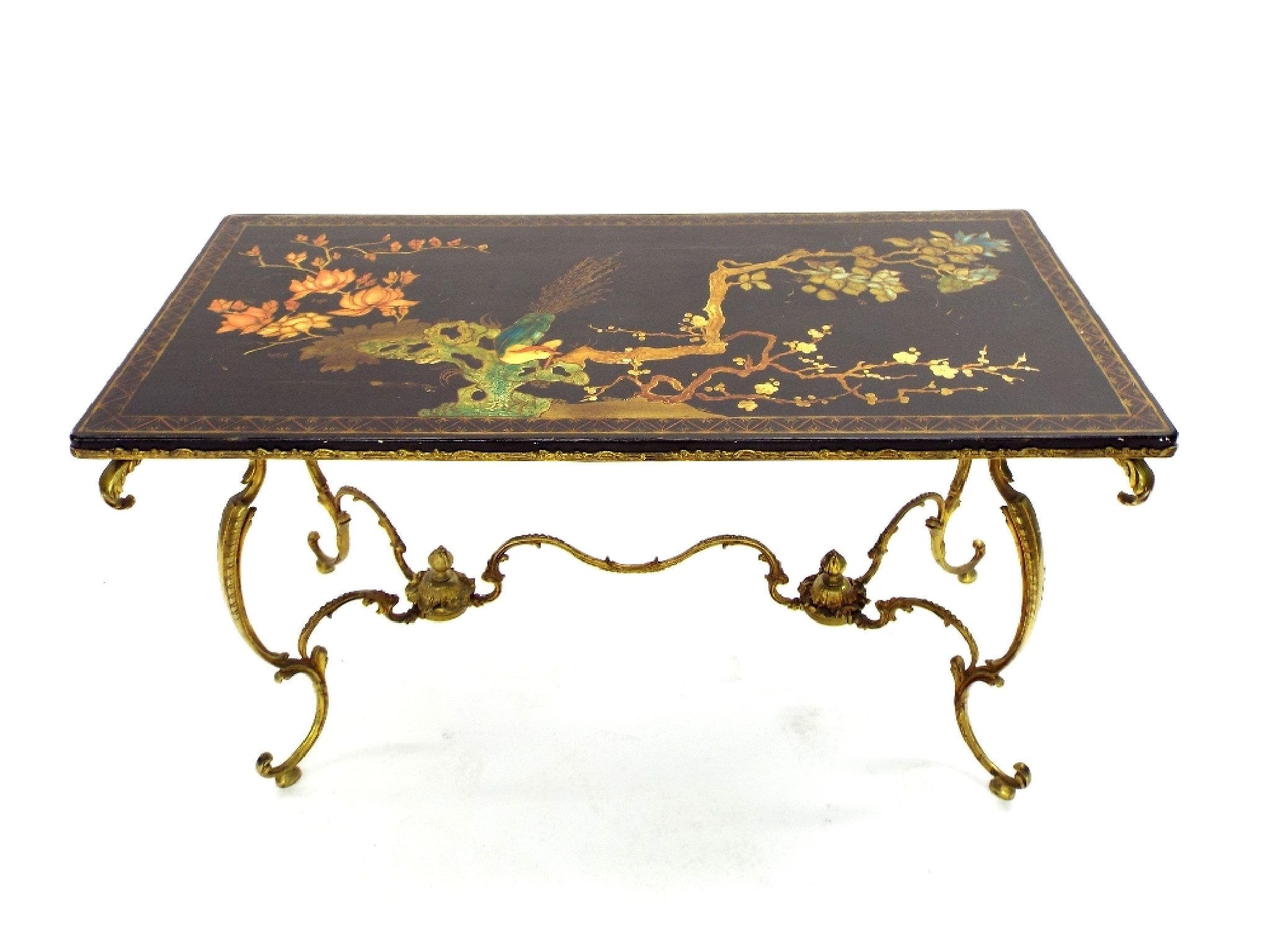 Appraisal: Decorative lacquer top coffee table with chinoiserie decoration upon a