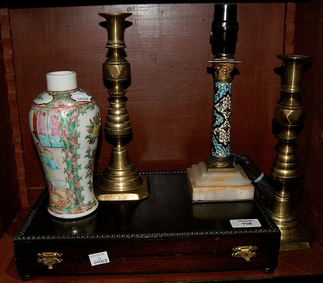 Appraisal: Pair of brass candlesticksand a Canton vase and a box