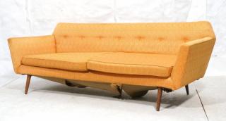 Appraisal: Mid Century Orange Fabric Sofa Couch Slightly fl Mid Century