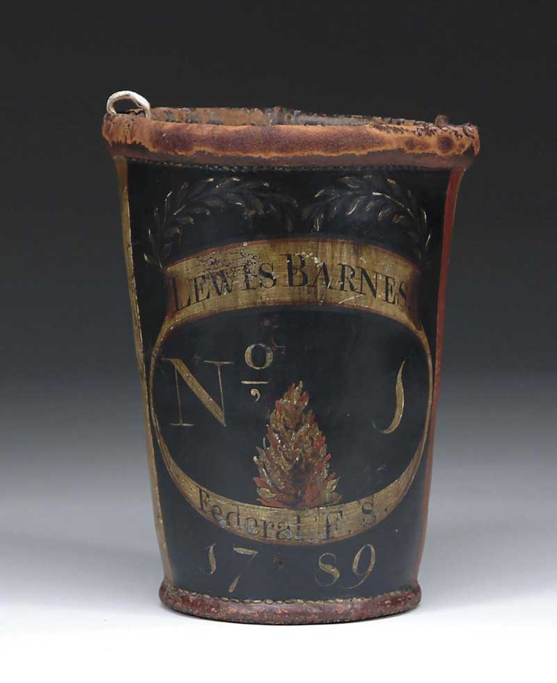 Appraisal: FINE PAINTED LEATHER FIRE BUCKET LEWIS BARNES NO Outstanding paint