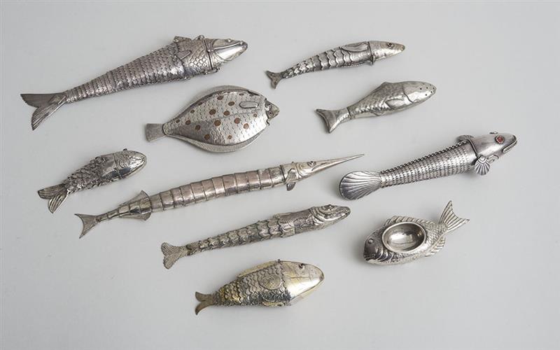 Appraisal: CONTINENTAL SILVER ARTICULATED FISH-FORM SPICE BOX AND SIX SILVER-PLATE FISH-FORM