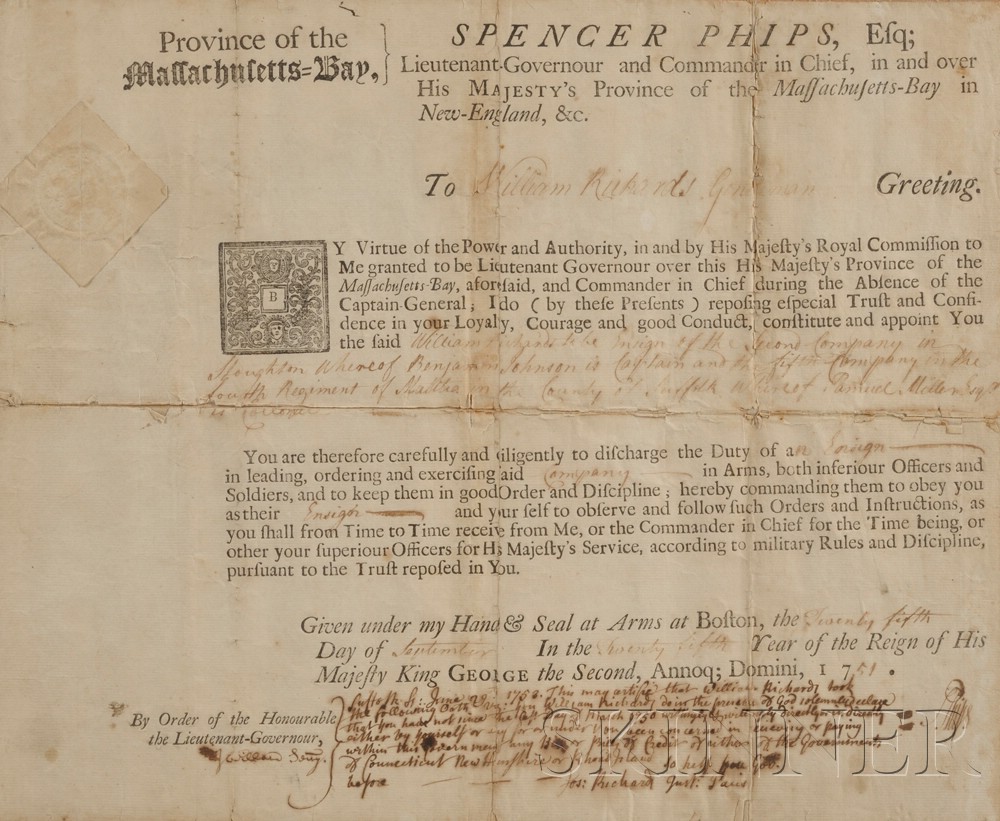 Appraisal: Phips Spencer - Signed document September one page as Lieutenant