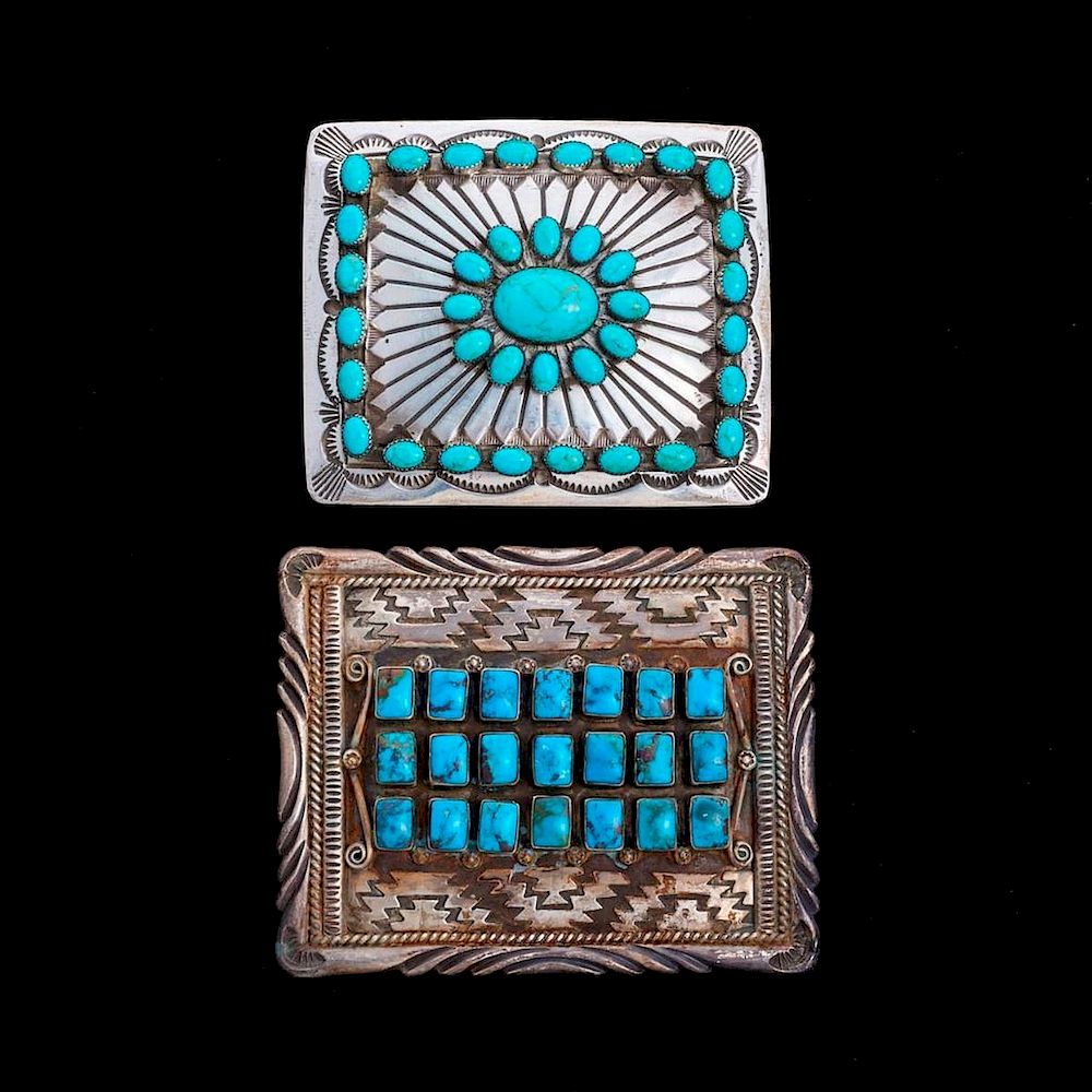 Appraisal: NAVAJO BELT BUCKLES Two Vintage old pawn turquoise and silver