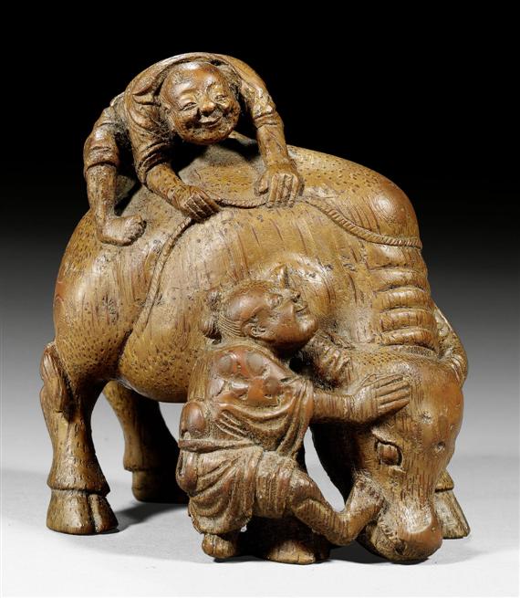 Appraisal: A BAMBOO CARVING OF TWO PEASANTS WITH THEIR OX China