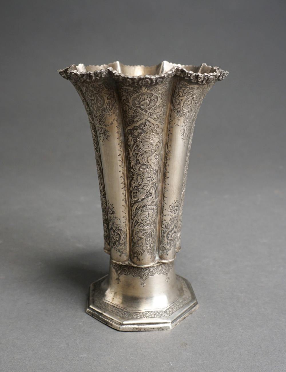 Appraisal: Persian Armenian Style -Silver Bird and Arabesque Embossed Trumpet Vase