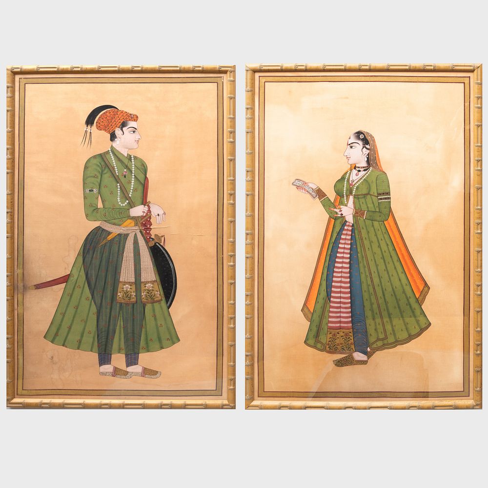 Appraisal: Indian School Pair of Portraits Gouache on cotton unsigned x