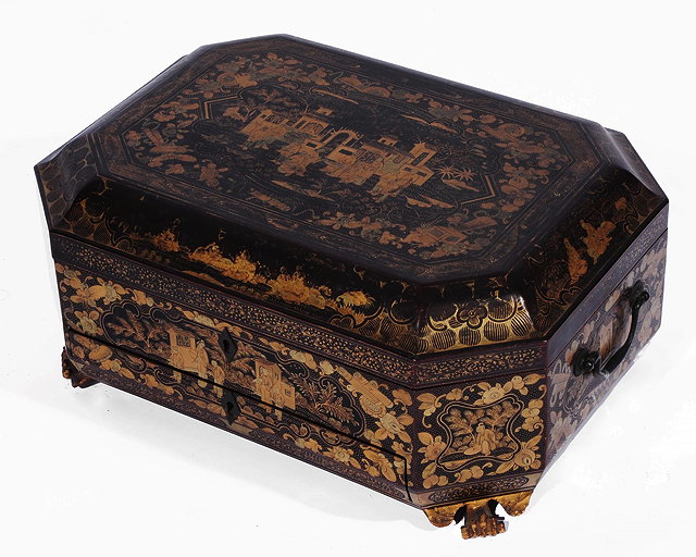 Appraisal: A CHINESE EXPORT BLACK AND GOLD LACQUERED SEWING BOX of