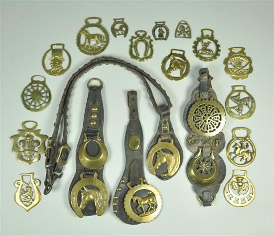 Appraisal: English Horse Brasses th Century Three with leather straps one