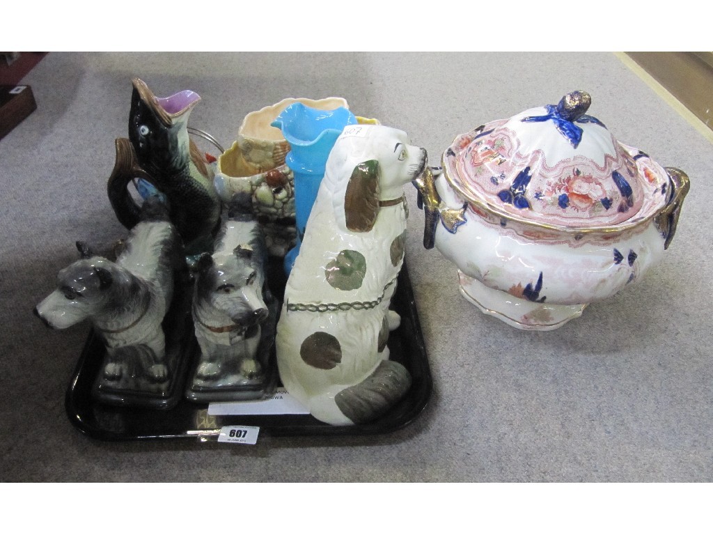 Appraisal: Tray lot to include Staffordshire dog figures gurgle jug soup