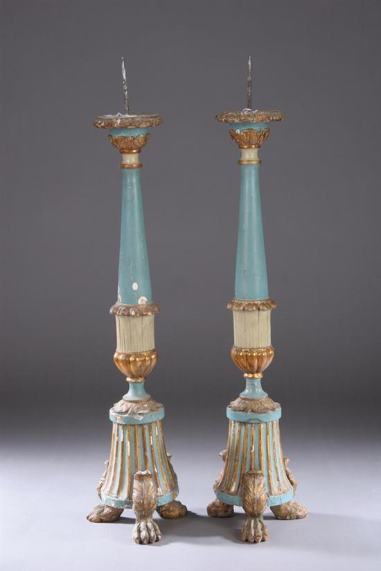 Appraisal: PAIR ITALIAN PAINTED AND PARCEL GILT CARVED WOOD PRICKET ALTAR